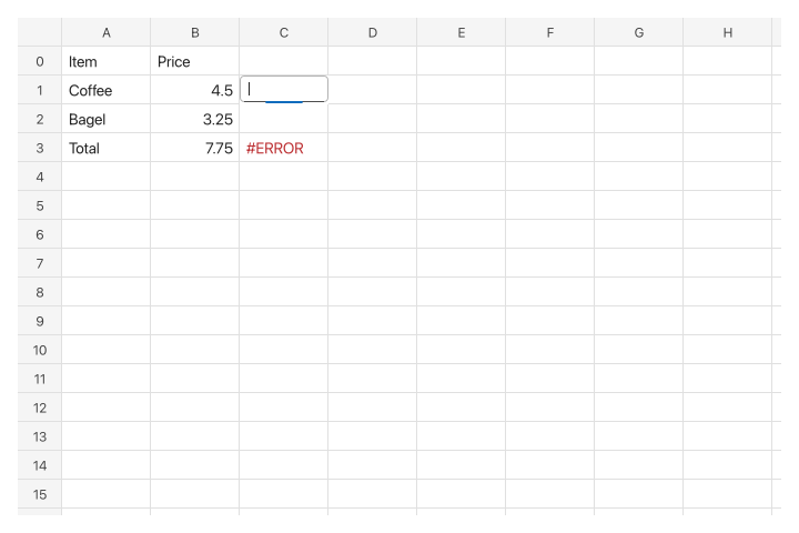 The Cells task: a spreadsheet with a sum, an error and a cell being edited