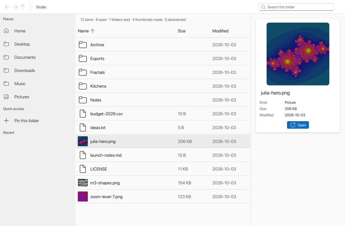 The files app: a sidebar of places, a sortable table with thumbnails, and a details card