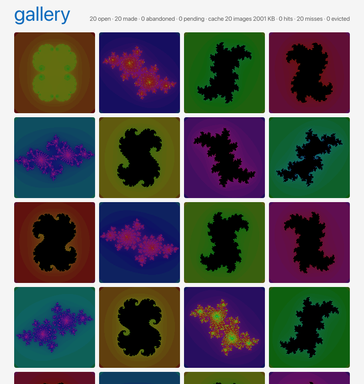 The gallery: a grid of fractal tiles with live counters in the header