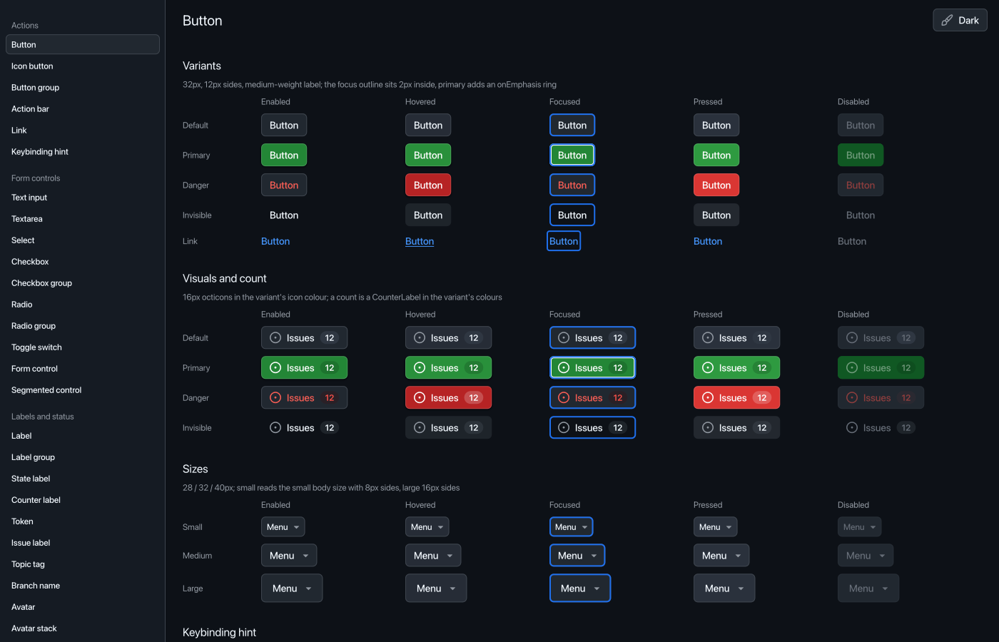 Primer buttons in the dark theme