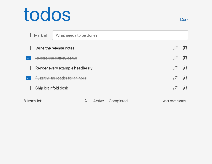 TodoMVC in Fluent with two items completed